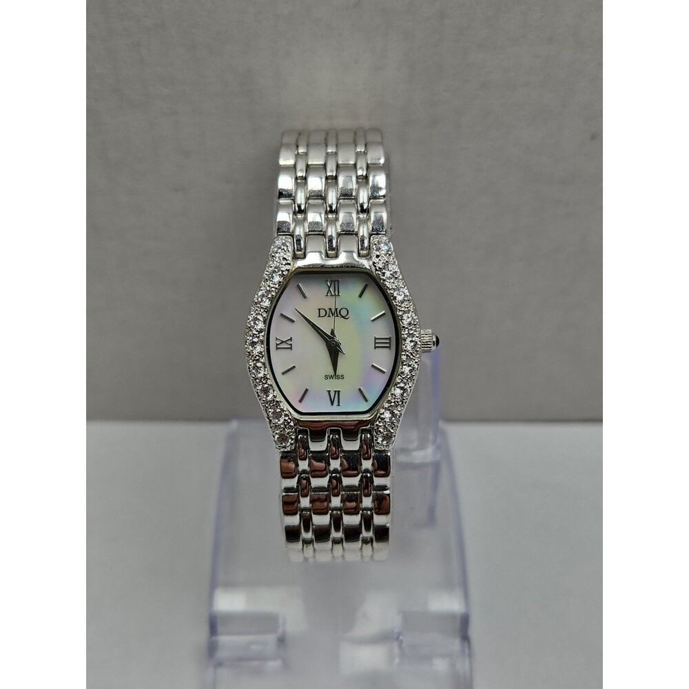 DMQ Diamonique Womens Silver Tone Mother Of Pearl Swiss Quartz Watch New Battery